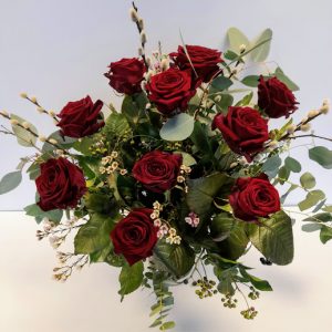 classic dozen Red Roses for flower delivery in Liss, mixed foliage bouquet